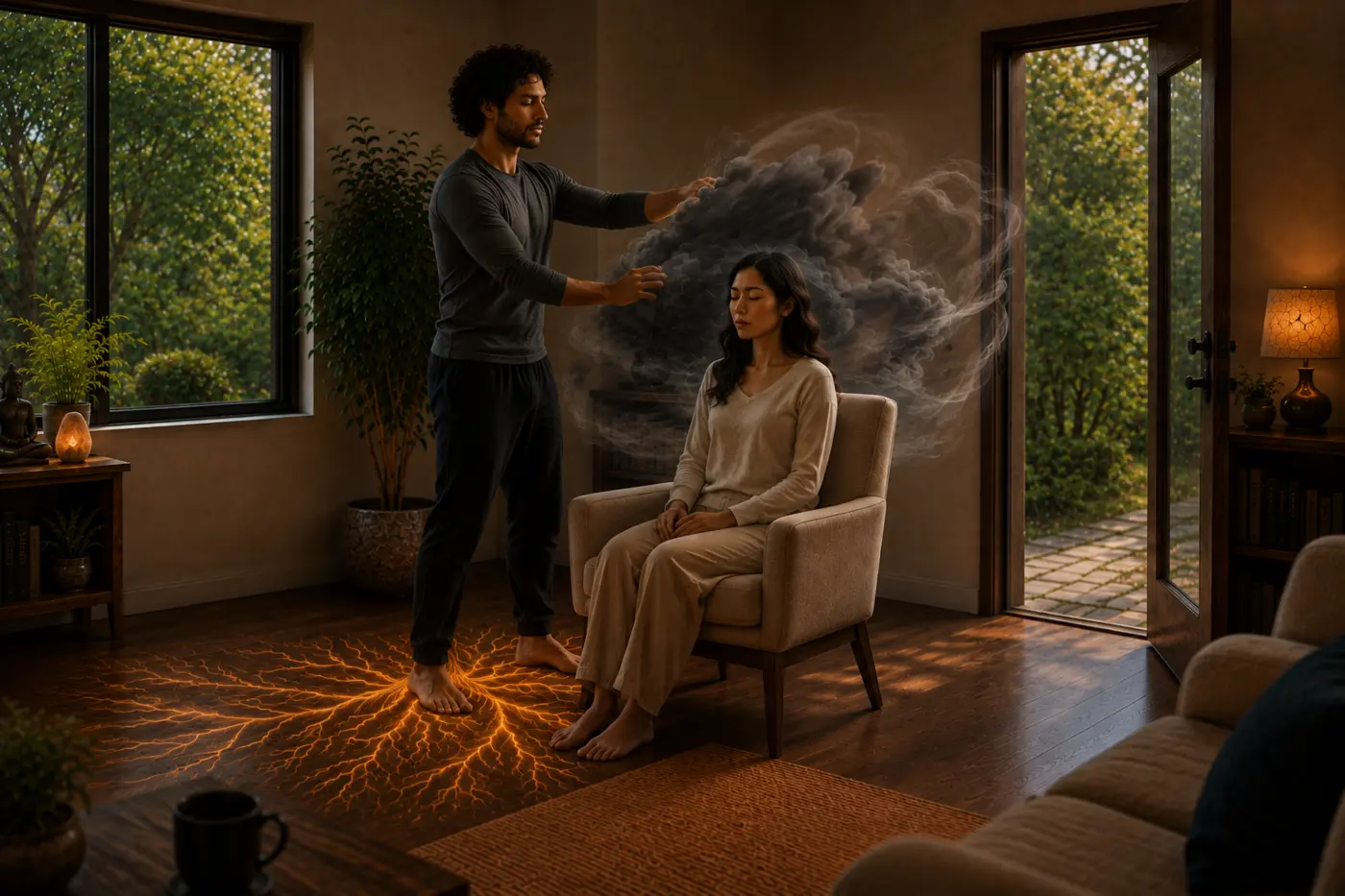 The practitioner working calmly with a visible thought cloud
