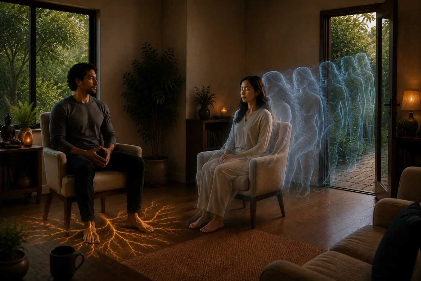 A seated client arriving while part of her presence is still following behind