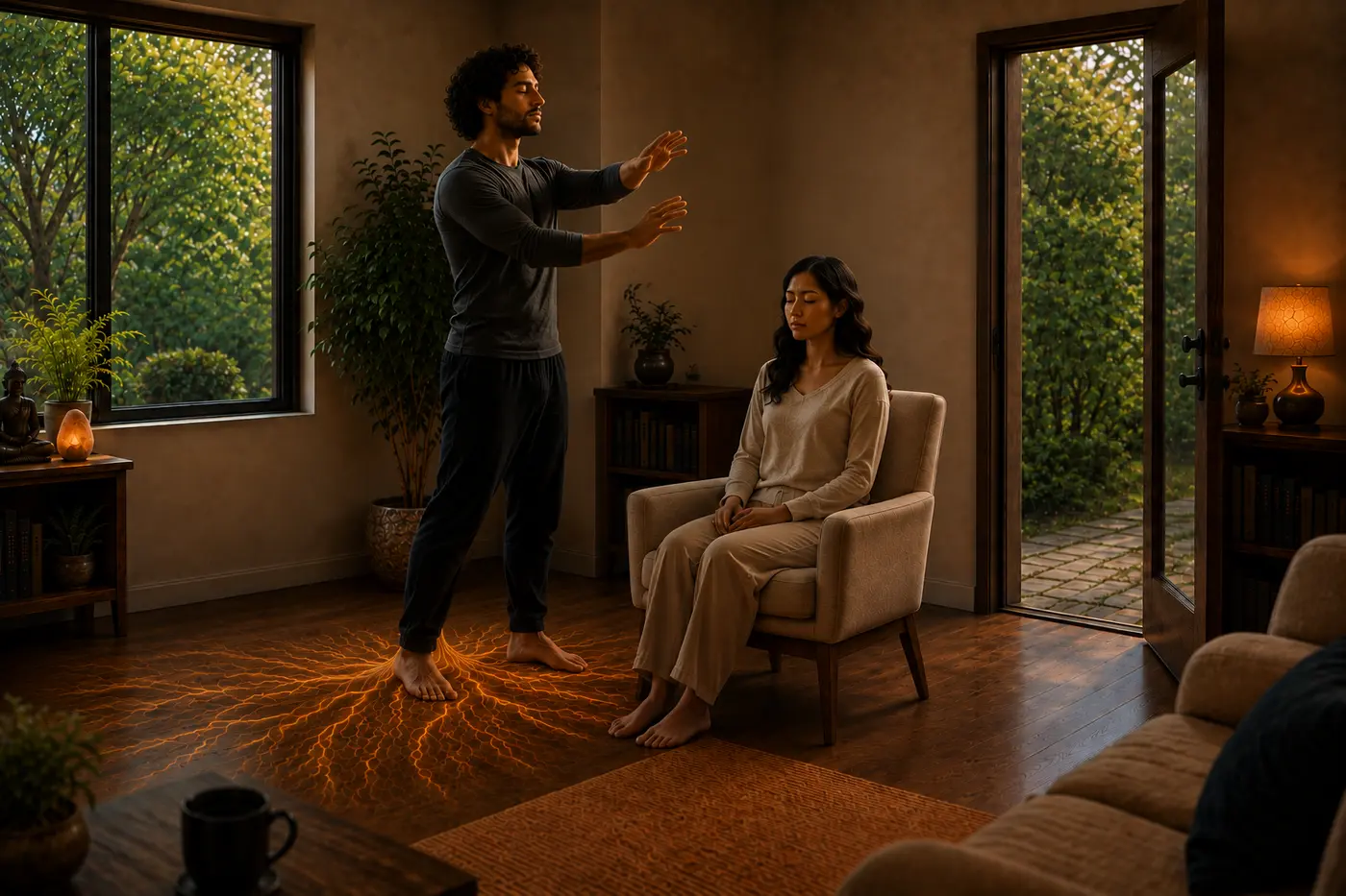 A rooted practitioner calmly perceiving a seated client